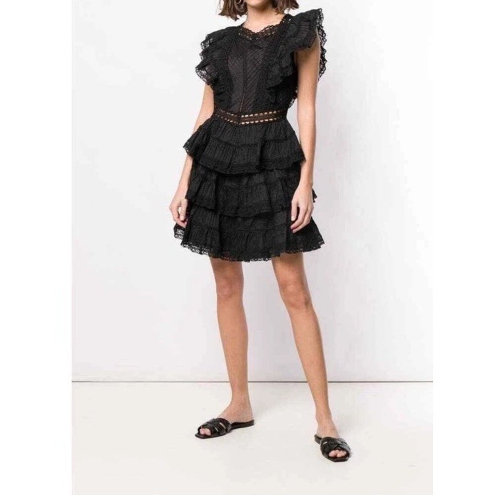 Zimmermann Juniper Lace-Trimmed Tiered Pintucked Cotton-Voile Mini Dress Black 1